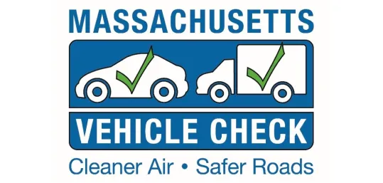 Massachusetts Vehicle Check logo with a car and a truck, featuring green checkmarks and the slogan "Cleaner Air • Safer Roads."